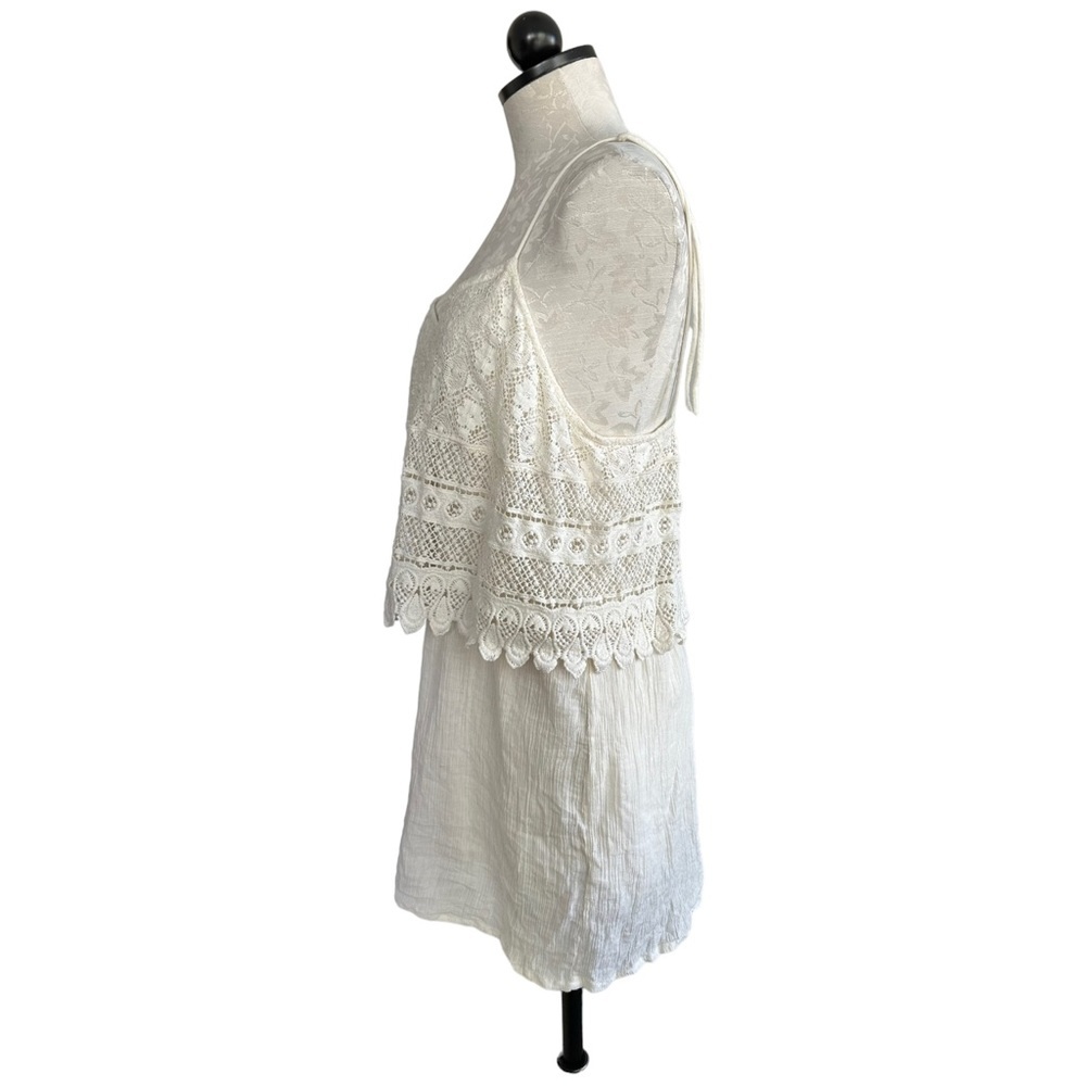 TopShop Boho Crochet Overlay Romper Cream Crinkly Gauze Spaghetti Straps Size 12 - Picture 6 of 16